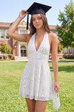 Sparkly White Halter Short A Line Backless Sequin Graduation Dress