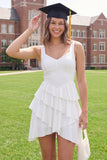 Thick Straps White Asymmetrical A Line Graduation Dress with Ruffles