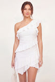 One Shoulder White Asymmetrical A Line Graduation Dress with Ruffles