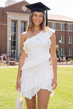 One Shoulder White Asymmetrical A Line Graduation Dress with Ruffles