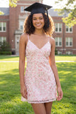 Sparkly Pink Spaghetti Straps Short A Line Floral Sequin Graduation Dress