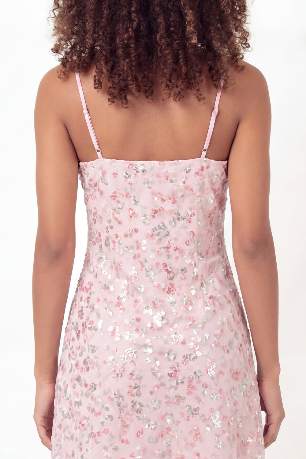 Sparkly Pink Spaghetti Straps Short A Line Floral Sequin Graduation Dress