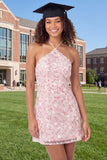 Halter Sparkly Pink Short A Line Floral Sequin Graduation Dress