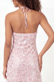 Halter Sparkly Pink Short A Line Floral Sequin Graduation Dress
