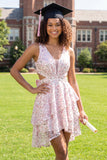 Sparkly White Pink Flower Ruffled Short A Line Graduation Dress with Bow