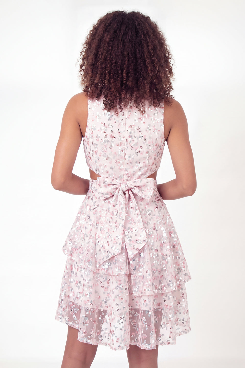 Sparkly White Pink Flower Ruffled Short A Line Graduation Dress with Bow