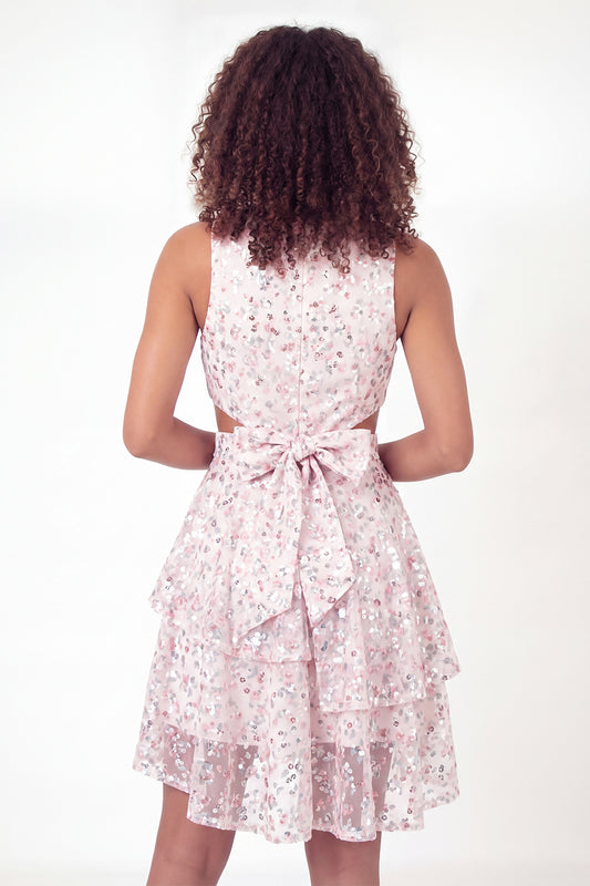 Sparkly White Pink Flower Ruffled Short A Line Graduation Dress with Bow