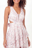 Sparkly White Pink Flower Ruffled Short A Line Graduation Dress with Bow