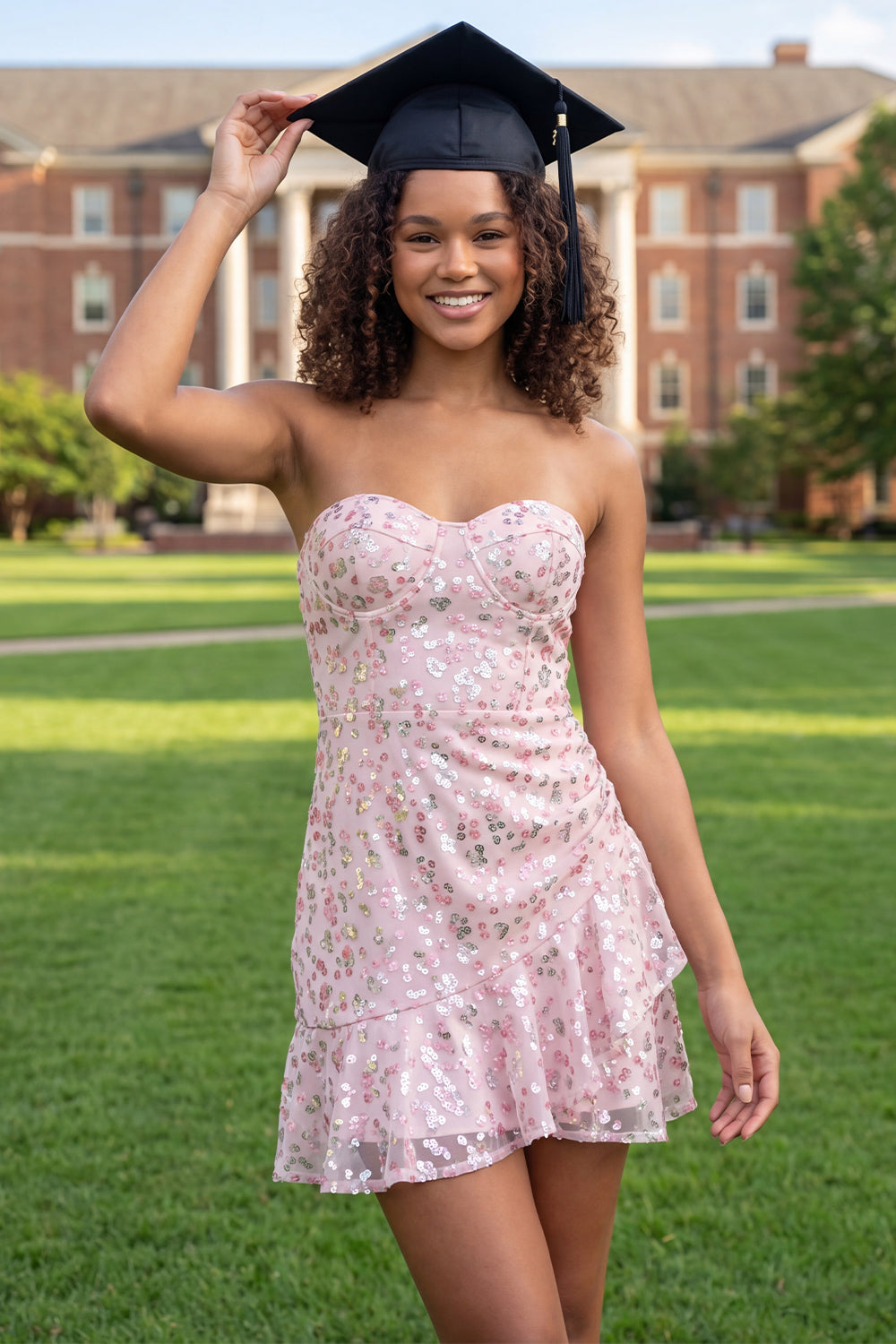 Sparkly Pink Short A Line Floral Sequin Graduation Dress with Ruffles