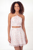 Halter Sparkly White Pink Flower Short 2 Piece Sequin Graduation Dress