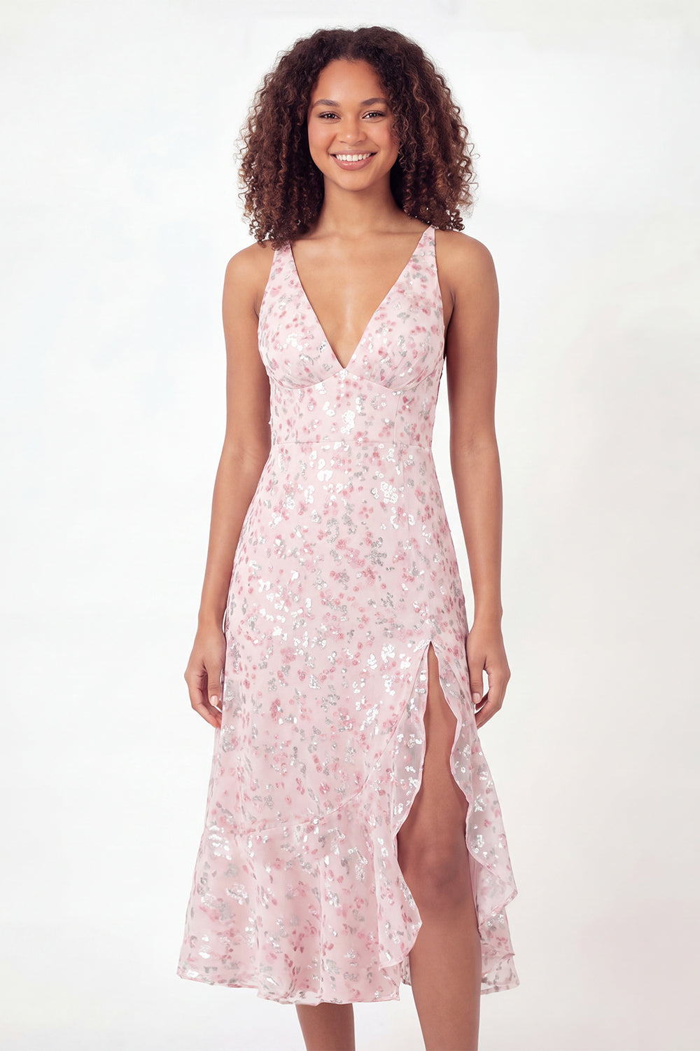 V-Neck Sparkly Pink Midi Ruffled Sequin A Line Floral Graduation Dress with Slit