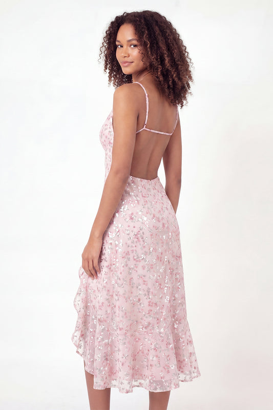 V-Neck Sparkly Pink Midi Ruffled Sequin A Line Floral Graduation Dress with Slit