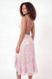 V-Neck Sparkly Pink Midi Ruffled Sequin A Line Floral Graduation Dress with Slit