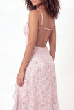 V-Neck Sparkly Pink Midi Ruffled Sequin A Line Floral Graduation Dress with Slit