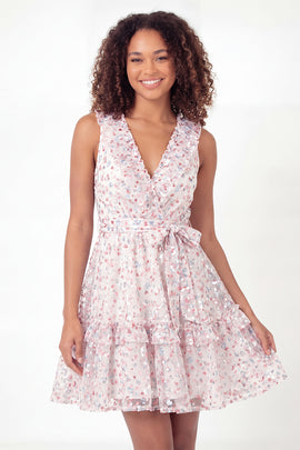 Sparkly White Pink Flower V-Neck Short Ruffled A Line Graduation Dress with Belt