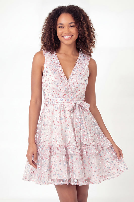 Sparkly White Pink Flower V-Neck Short Ruffled A Line Graduation Dress with Belt