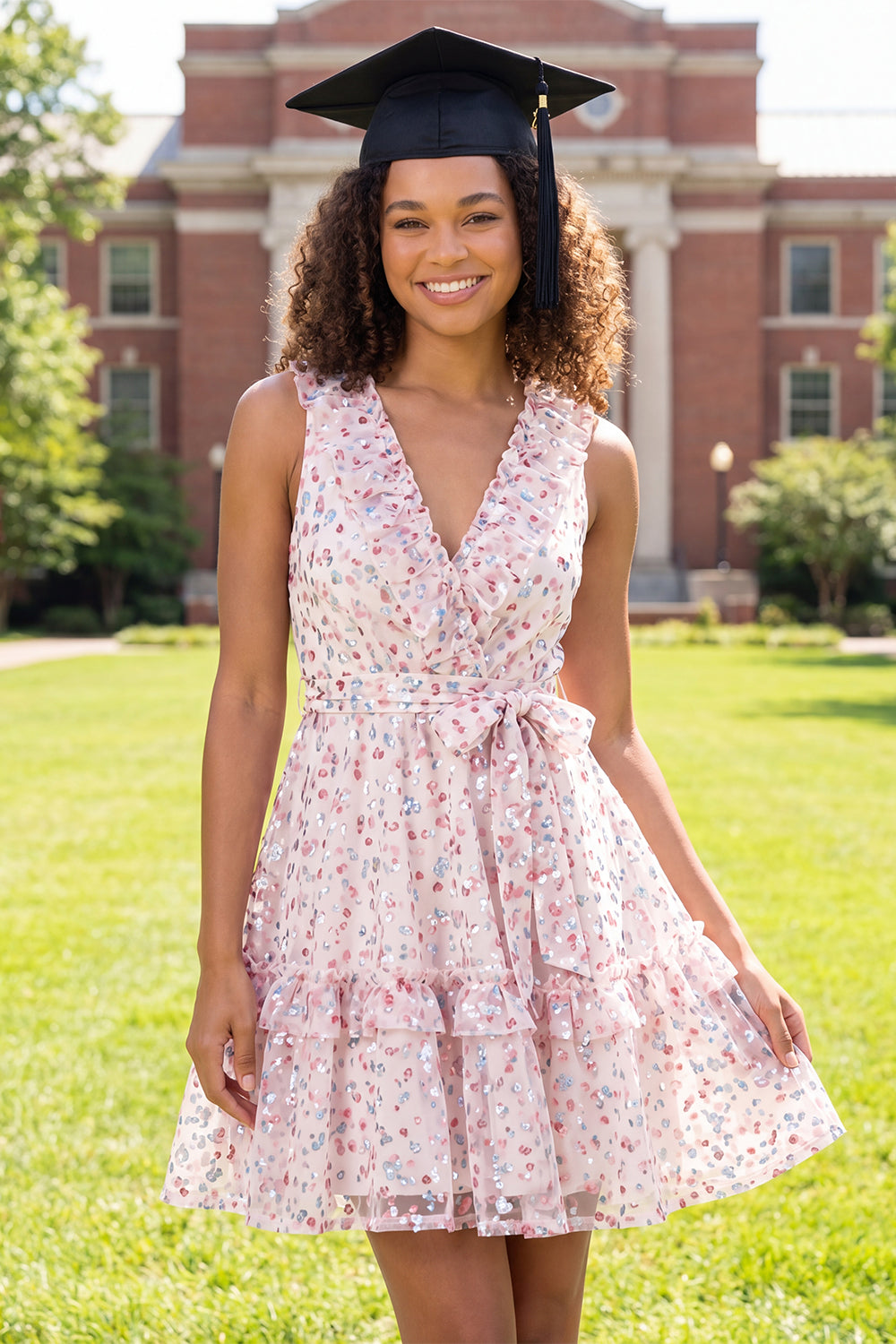 Sparkly White Pink Flower V-Neck Short Ruffled A Line Graduation Dress with Belt