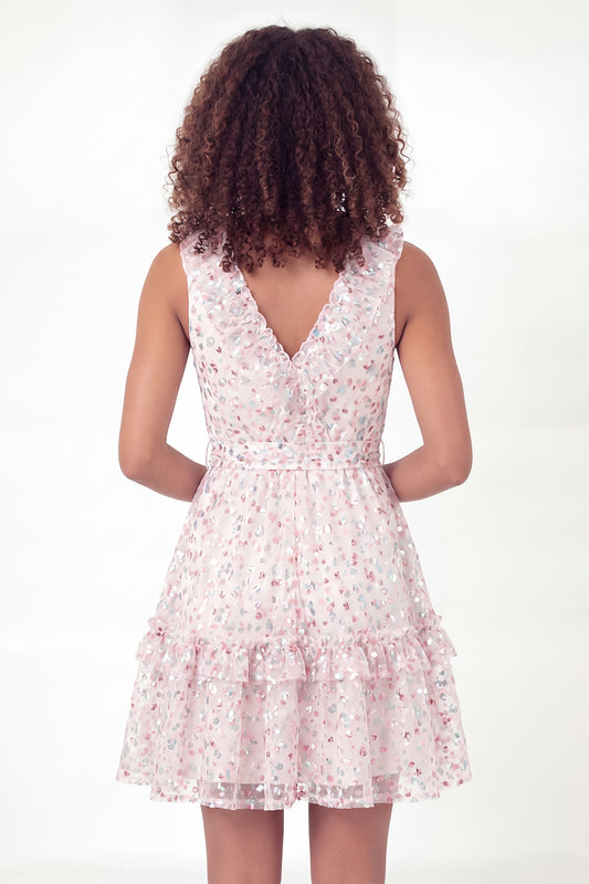Sparkly White Pink Flower V-Neck Short Ruffled A Line Graduation Dress with Belt