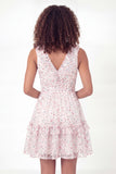 Sparkly White Pink Flower V-Neck Short Ruffled A Line Graduation Dress with Belt