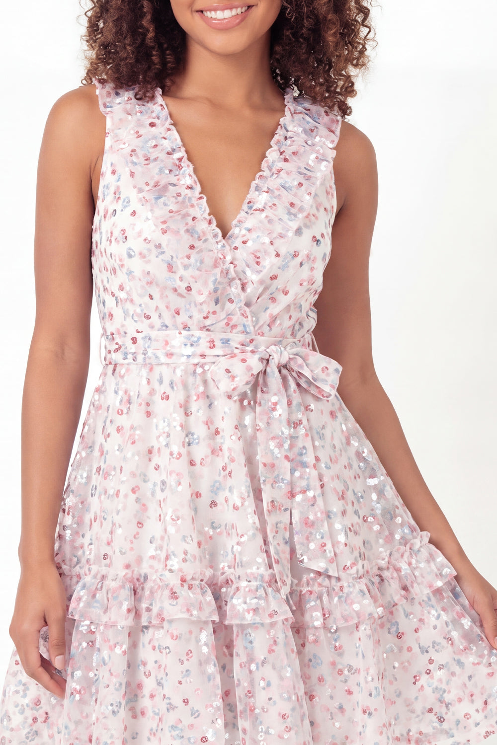 Sparkly White Pink Flower V-Neck Short Ruffled A Line Graduation Dress with Belt