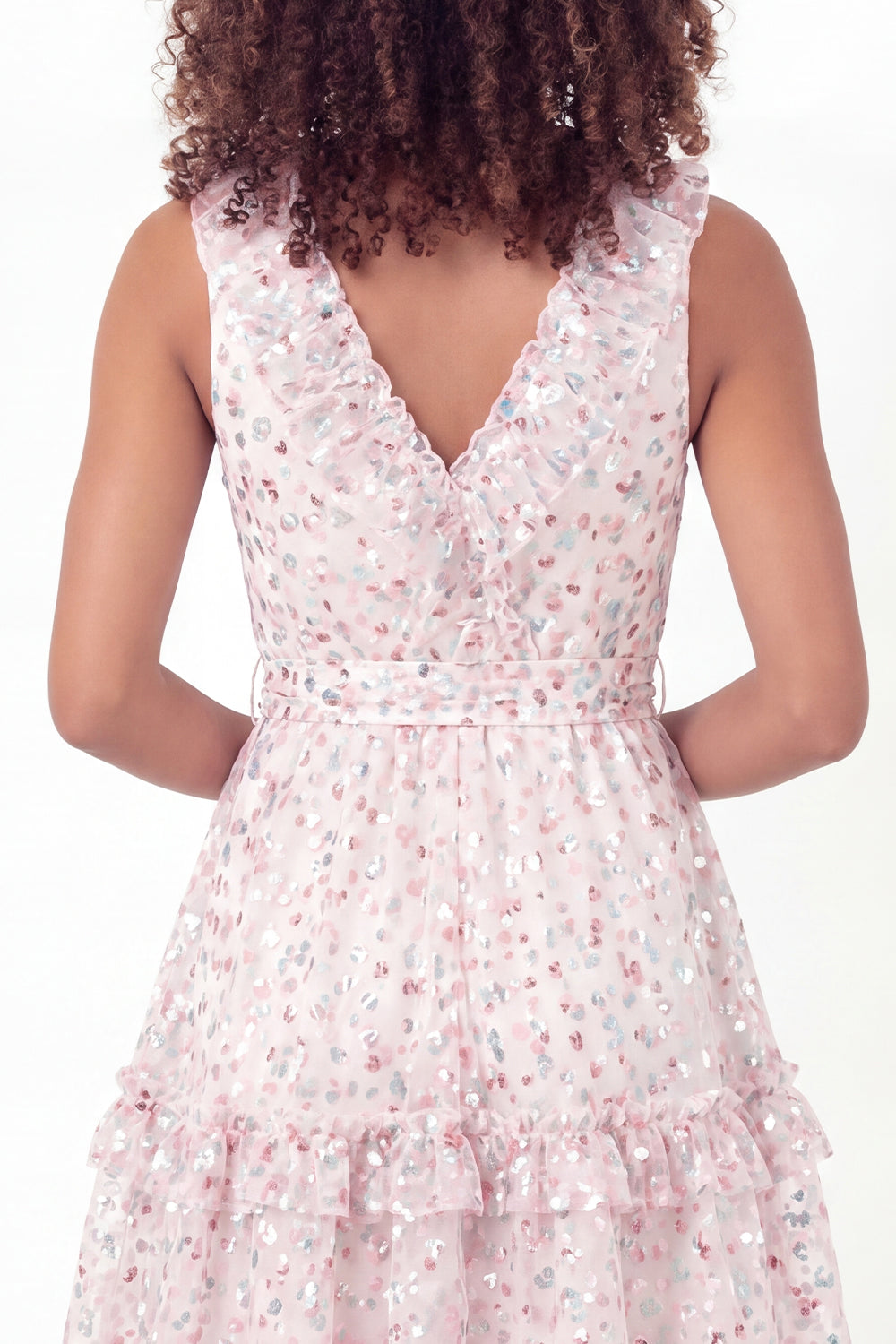 Sparkly White Pink Flower V-Neck Short Ruffled A Line Graduation Dress with Belt