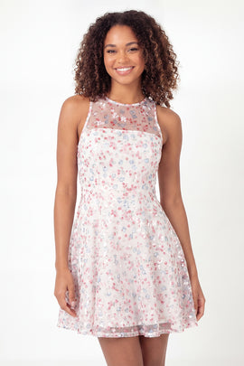 Round Neck Sparkly White Pink Flower Short A Line Graduation Dress