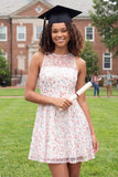 Round Neck Sparkly White Pink Flower Short A Line Graduation Dress