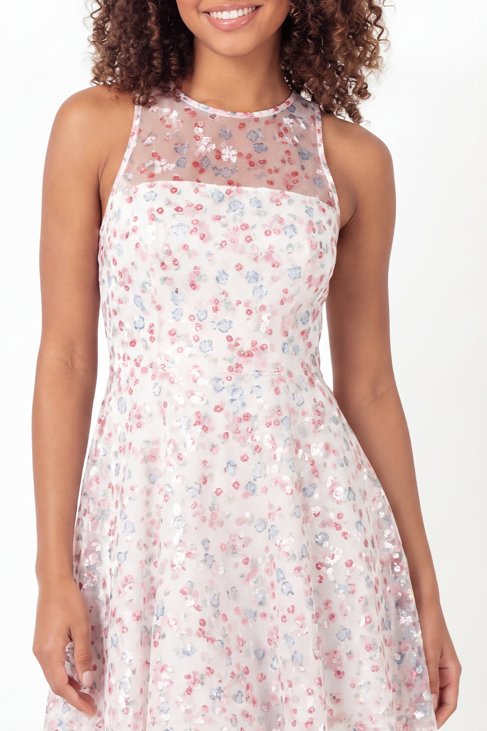 Round Neck Sparkly White Pink Flower Short A Line Graduation Dress