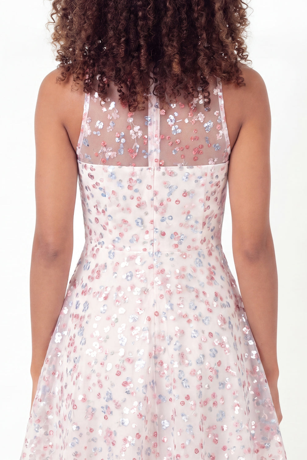 Round Neck Sparkly White Pink Flower Short A Line Graduation Dress