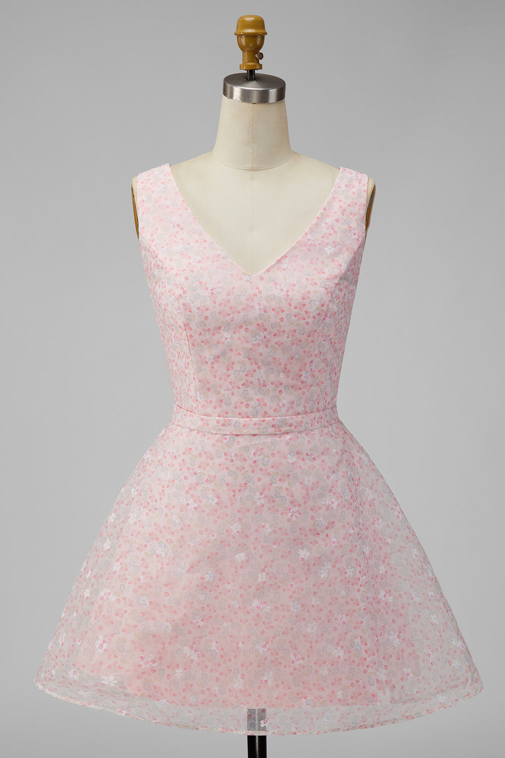 A Line Sparkly Pink Short V-Neck Floral Graduation Dress with Sequin