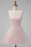A Line Sparkly Pink Short V-Neck Floral Graduation Dress with Sequin