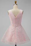 A Line Sparkly Pink Short V-Neck Floral Graduation Dress with Sequin