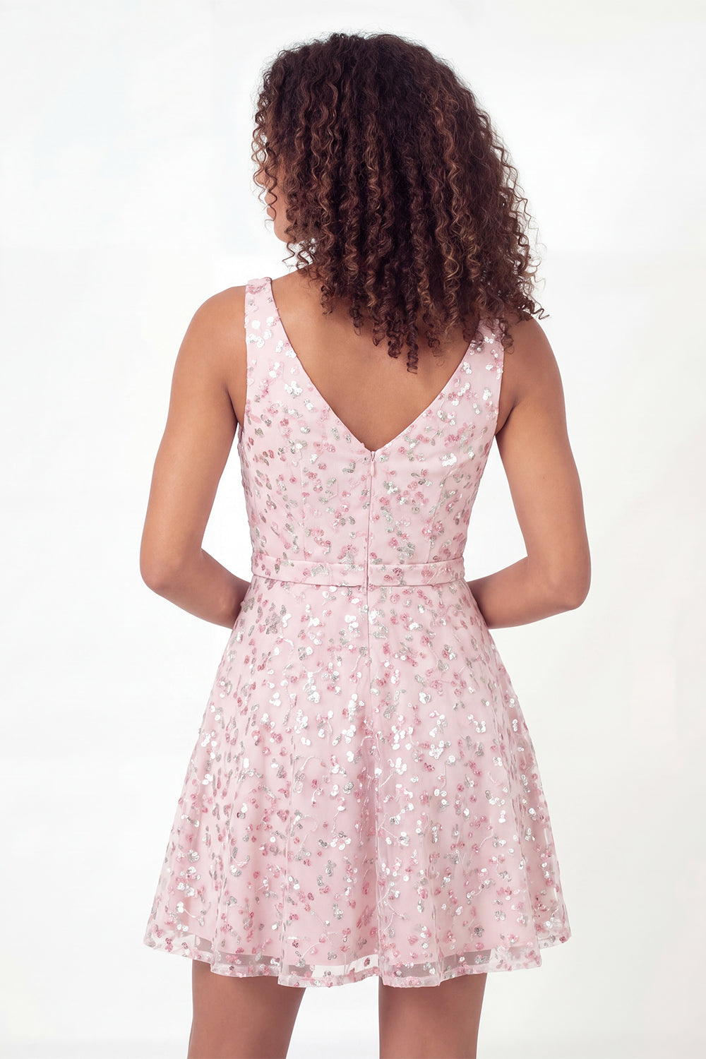 A Line Sparkly Pink Short V-Neck Floral Graduation Dress with Sequin