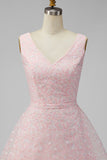 A Line Sparkly Pink Short V-Neck Floral Graduation Dress with Sequin