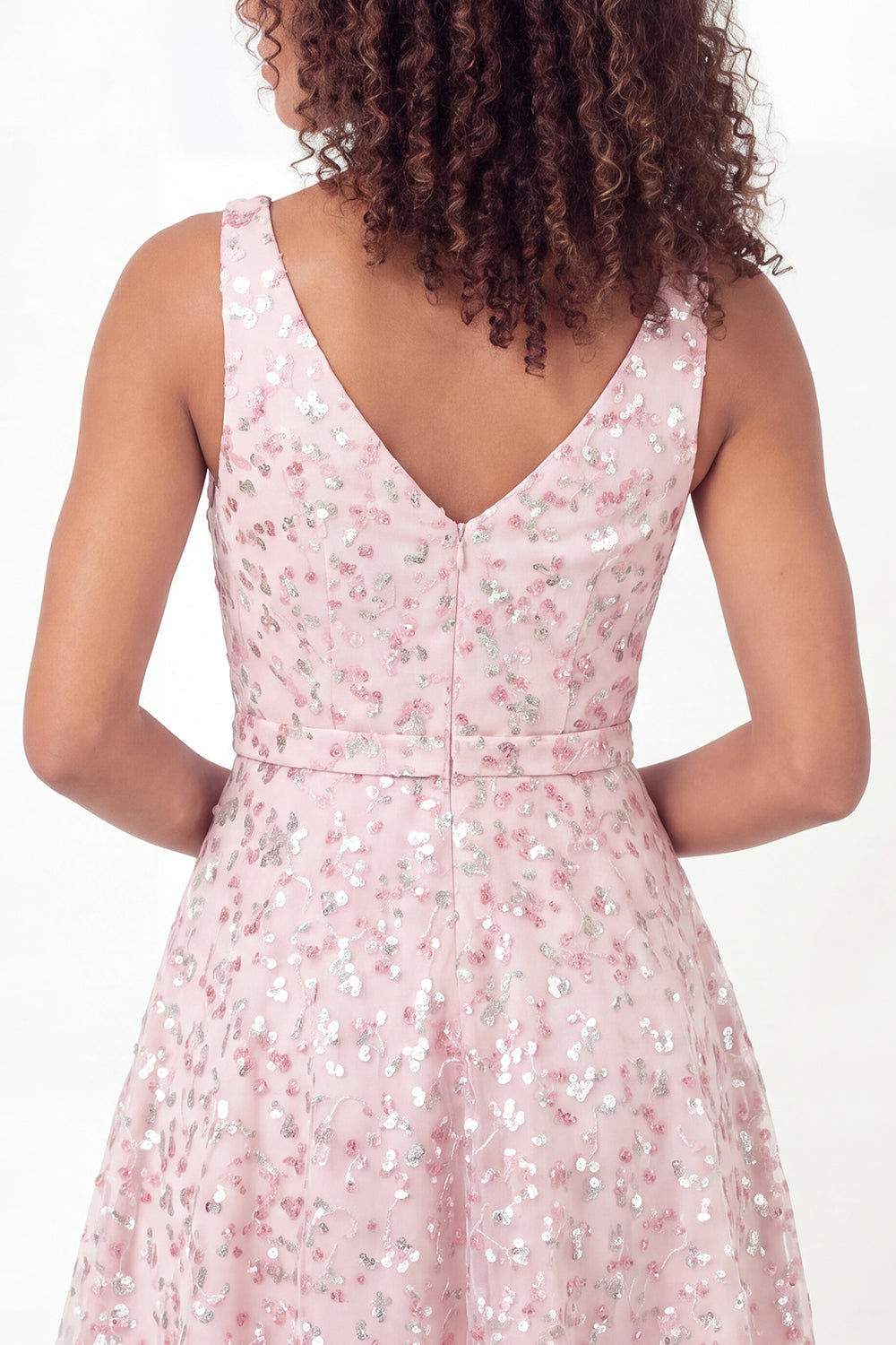 A Line Sparkly Pink Short V-Neck Floral Graduation Dress with Sequin