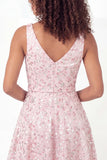 A Line Sparkly Pink Short V-Neck Floral Graduation Dress with Sequin