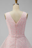 A Line Sparkly Pink Short V-Neck Floral Graduation Dress with Sequin