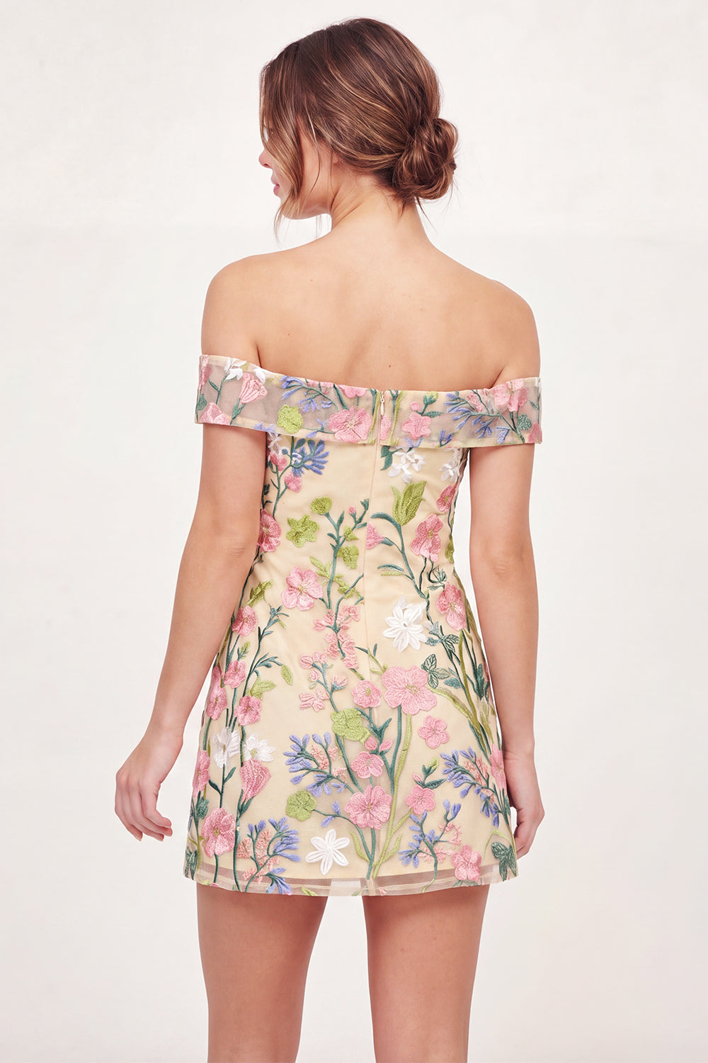 Off the Shoulder A Line Butter Yellow Floral Short Graduation Dress