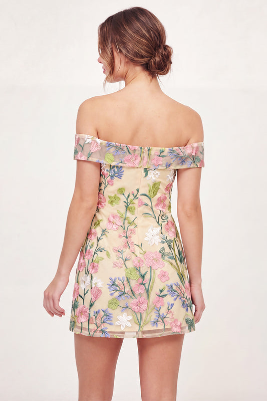 Off the Shoulder A Line Butter Yellow Floral Short Graduation Dress