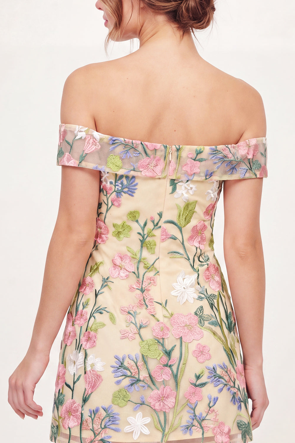 Off the Shoulder A Line Butter Yellow Floral Short Graduation Dress