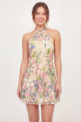 High Neck A Line Butter Yellow Floral Short Graduation Dress