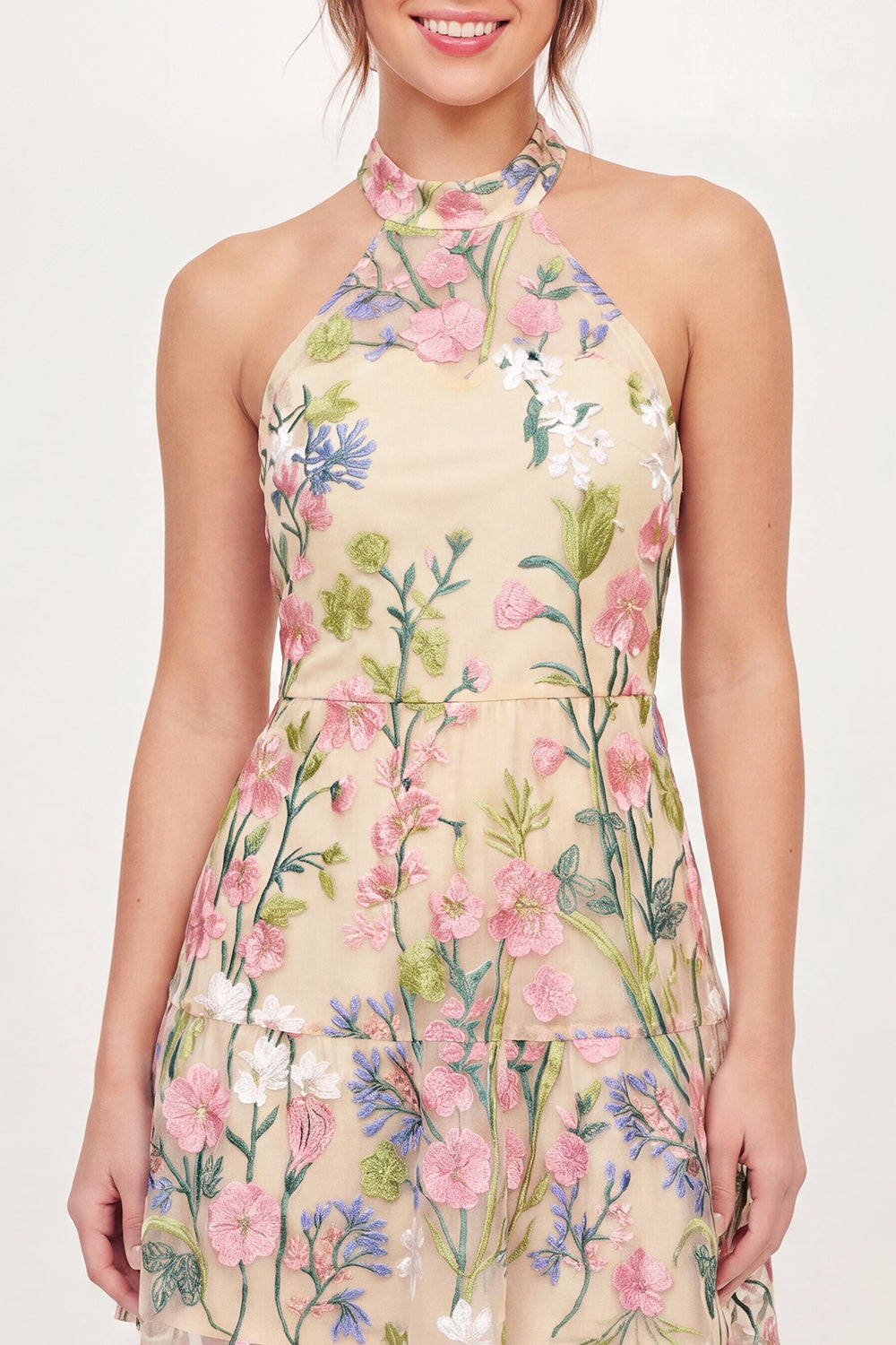 High Neck A Line Butter Yellow Floral Short Graduation Dress