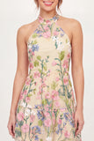 High Neck A Line Butter Yellow Floral Short Graduation Dress