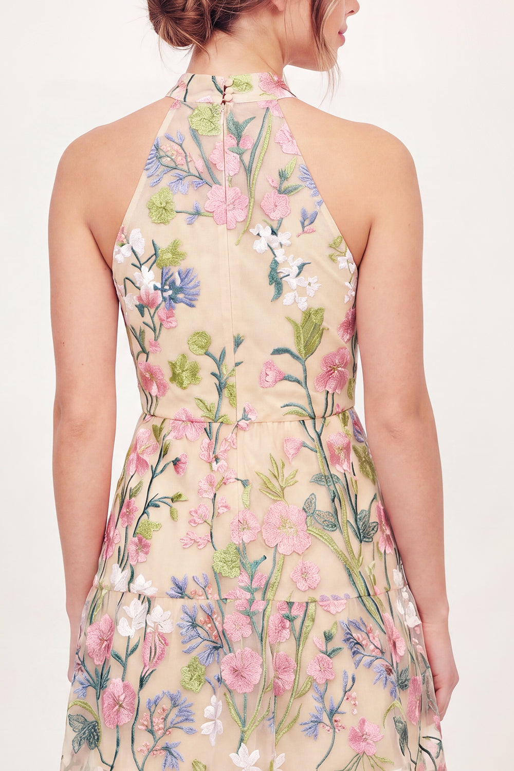 High Neck A Line Butter Yellow Floral Short Graduation Dress