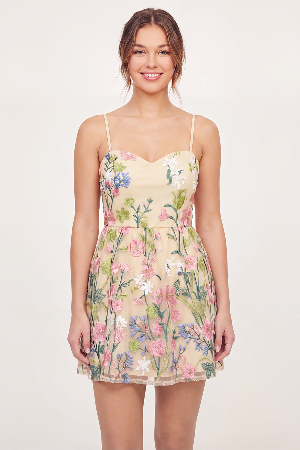 Floral Spaghetti Straps A Line Butter Yellow Short Graduation Dress