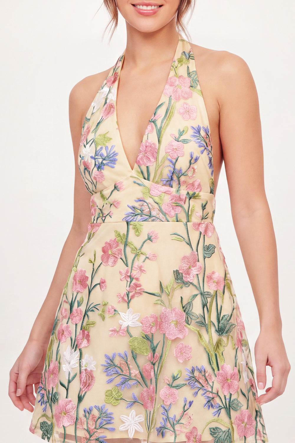 Halter Open Back A Line Butter Yellow Floral Short Graduation Dress