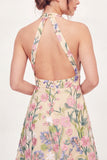 Halter Open Back A Line Butter Yellow Floral Short Graduation Dress