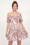 Off the Shoulder A Line Pink Floral Short Graduation Dress with Ruffles