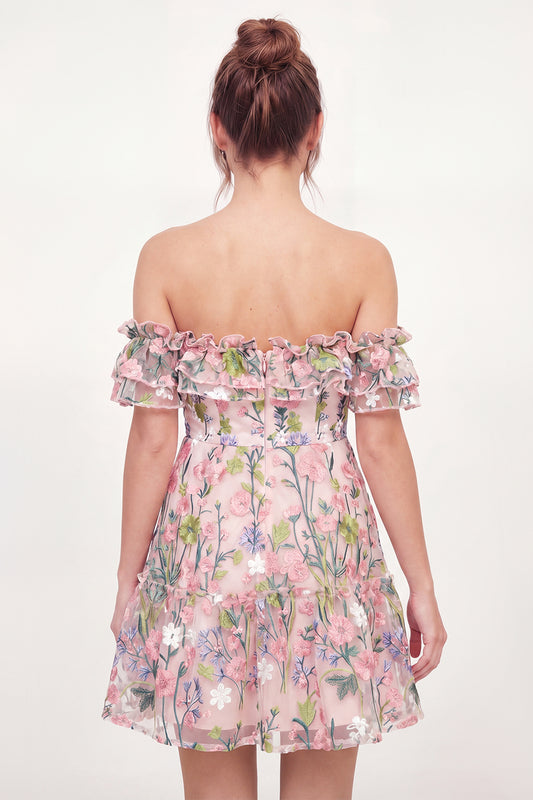 Off the Shoulder A Line Pink Floral Short Graduation Dress with Ruffles