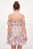Off the Shoulder A Line Pink Floral Short Graduation Dress with Ruffles